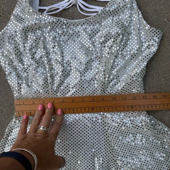 Vintage 90s Maurices Silver Sparkle Mini Dress Gown Party Glam Disco 7/8 - Picture 11 of 14